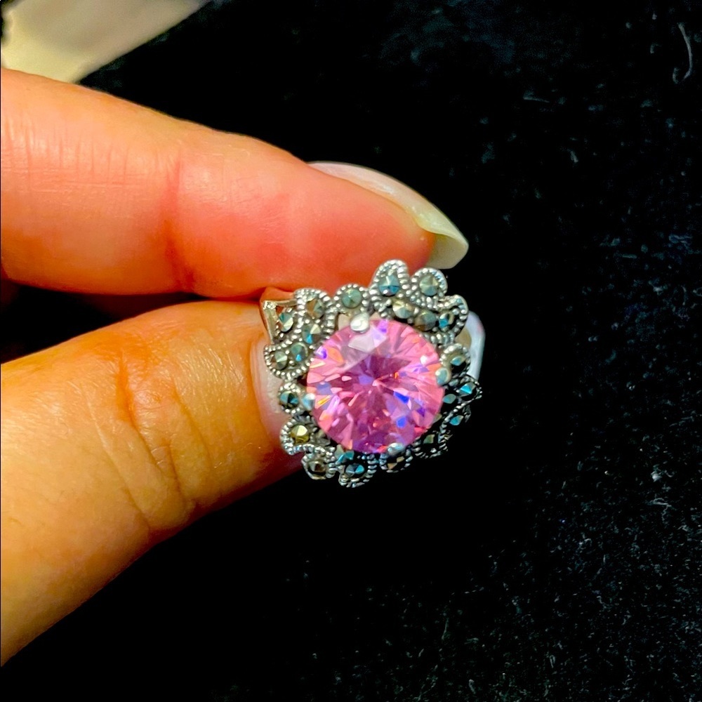 925 sterling silver, genuine marcasite ring with pink stone